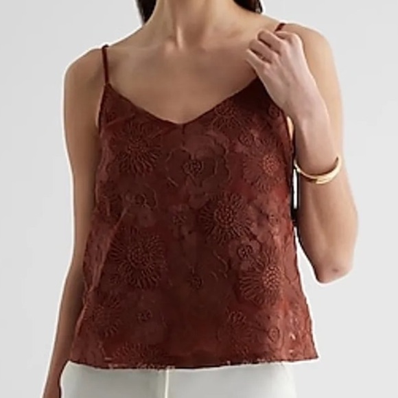 Express Women L Brown Flowy Embroidered Floral Mesh V-Neck Cami Top NWOT - Picture 1 of 7